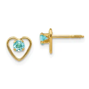 14k Yellow Gold Blue Birthstone Heart Earrings