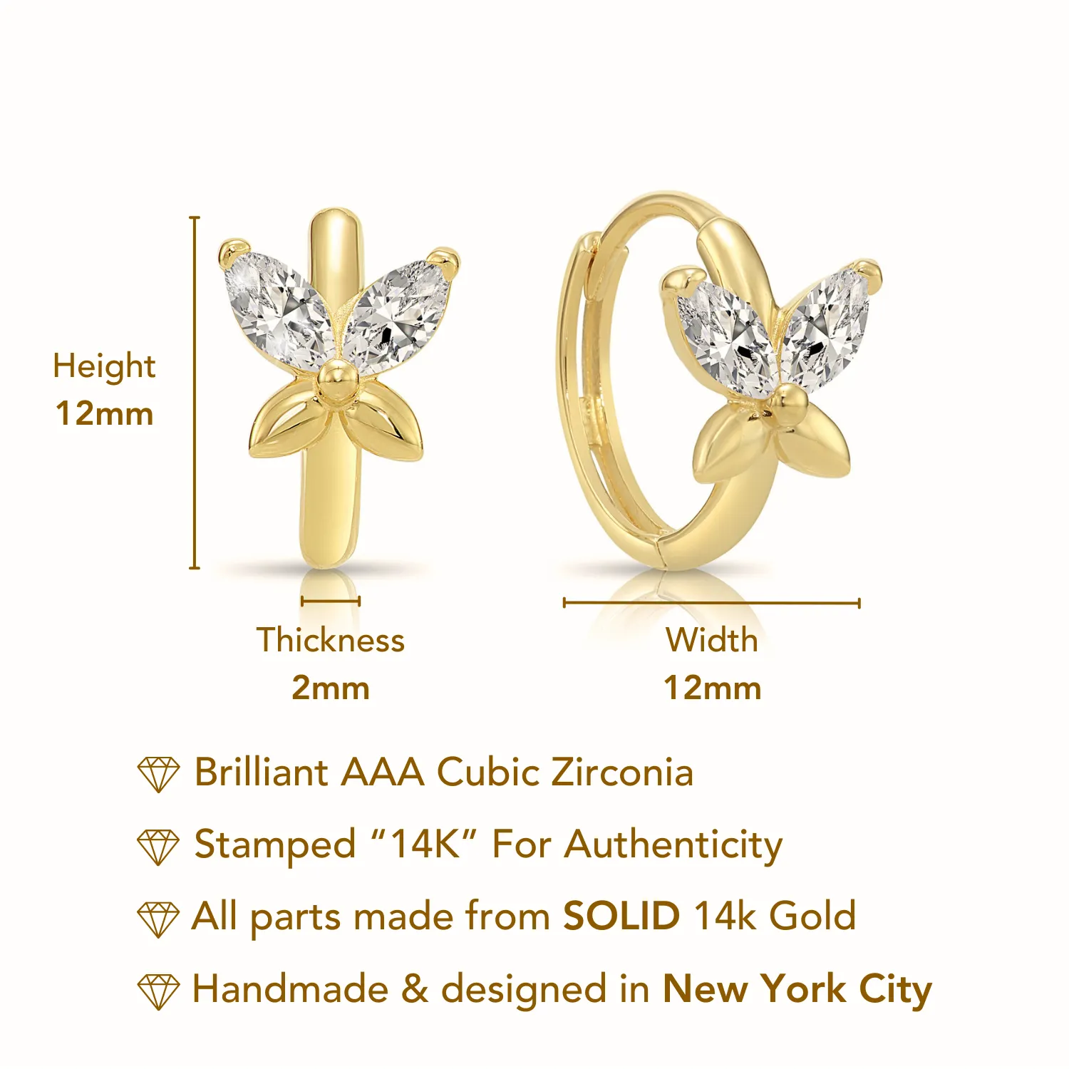 14K Yellow Gold Butterfly Marquise-Cut CZ Huggies Hoop Earrings, 12mm