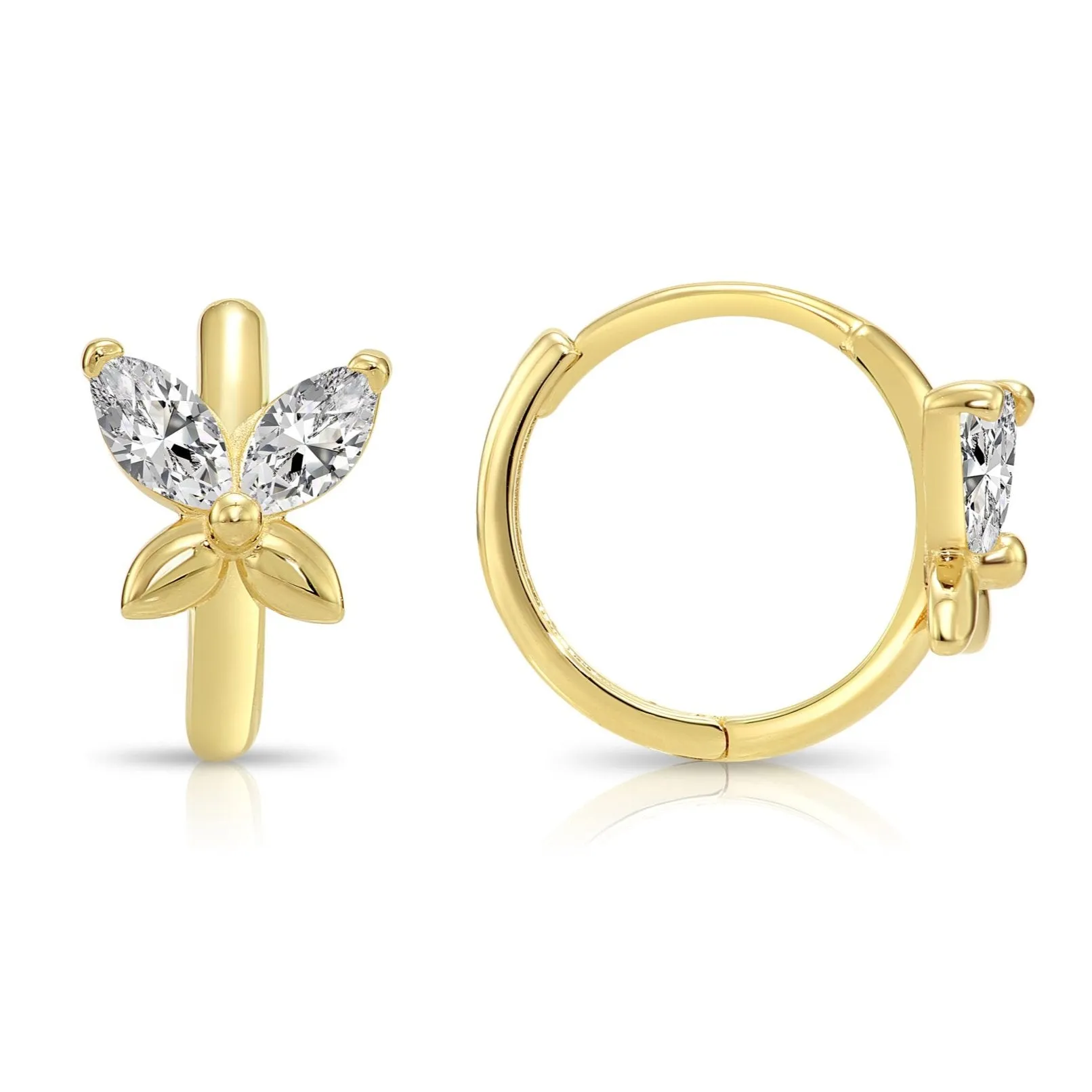 14K Yellow Gold Butterfly Marquise-Cut CZ Huggies Hoop Earrings, 12mm