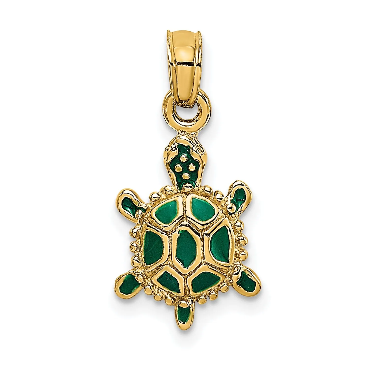 14k Yellow Gold Casted Solid Polished Finish Green Enamel 3D Land Turtle Charm Pendant