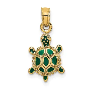 14k Yellow Gold Casted Solid Polished Finish Green Enamel 3D Land Turtle Charm Pendant