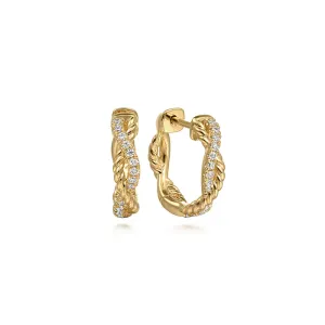 14K Yellow Gold Diamond And Rope 15mm Huggie Earrings