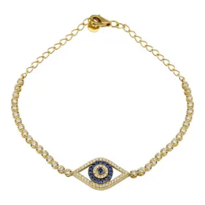 14K Yellow Gold Diamond   Sapphire Evil Eye Tennis Chain Bracelet