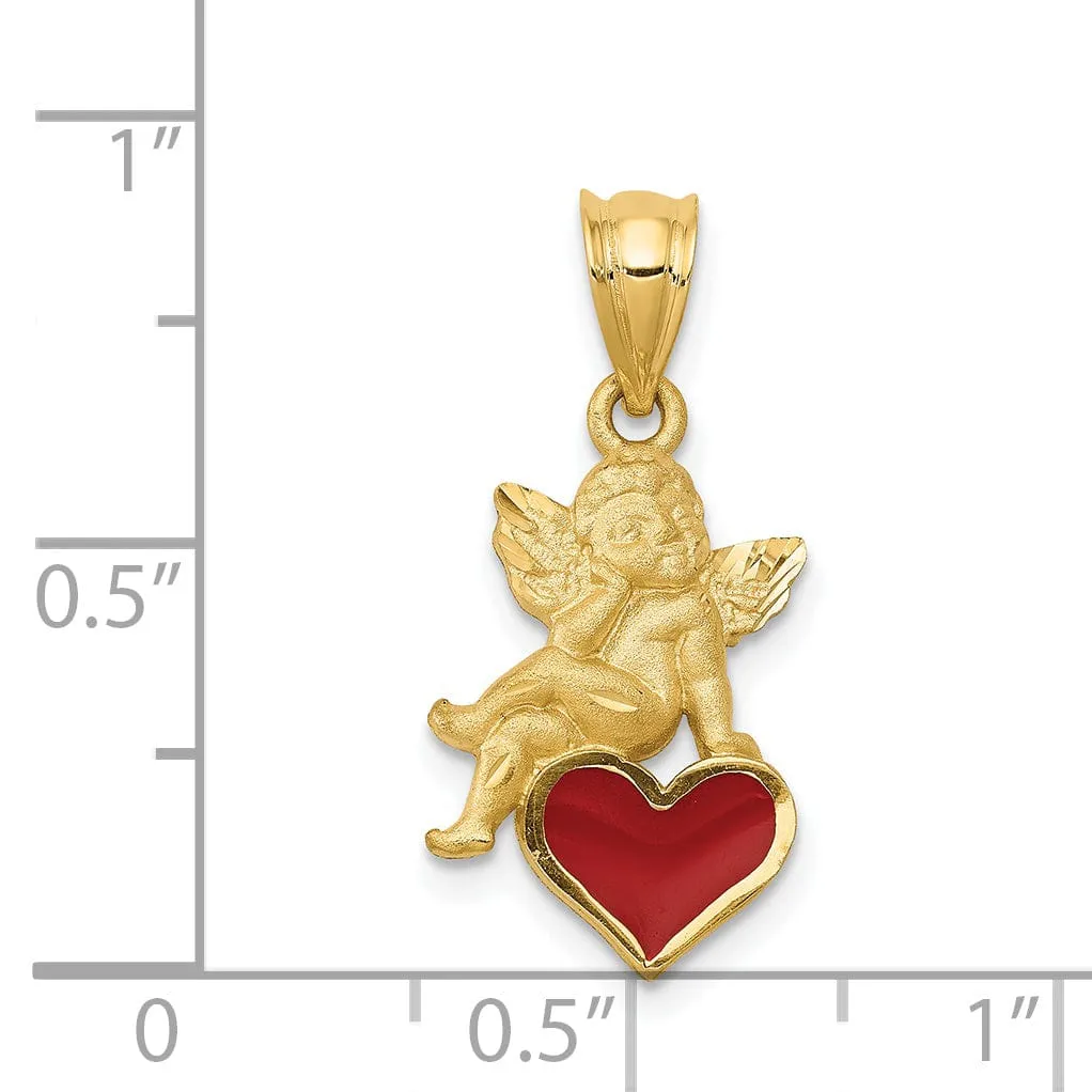 14k Yellow Gold Enameled Angel on Heart Pendant