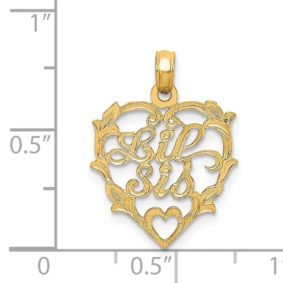 14K Yellow Gold Flat Back Textured Finish LIL SIS in Heart leaf Design Frame Charm Pendant