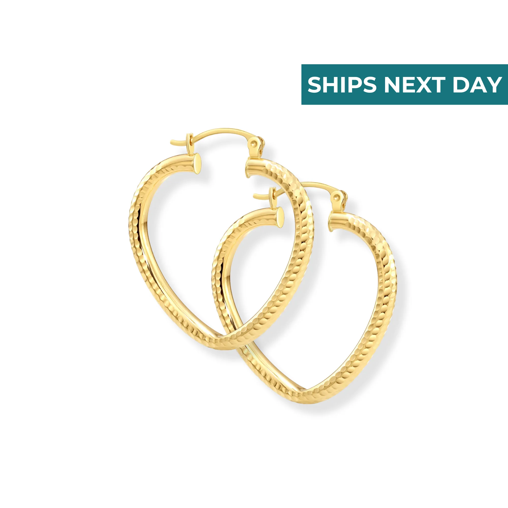 14k Yellow Gold Heart Hoop Earrings, Medium Hoops With Engravings, Diamond-Cut Design #11