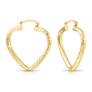 14k Yellow Gold Heart Hoop Earrings, Medium Hoops with Hand Engraved Diamond-Cuts #25