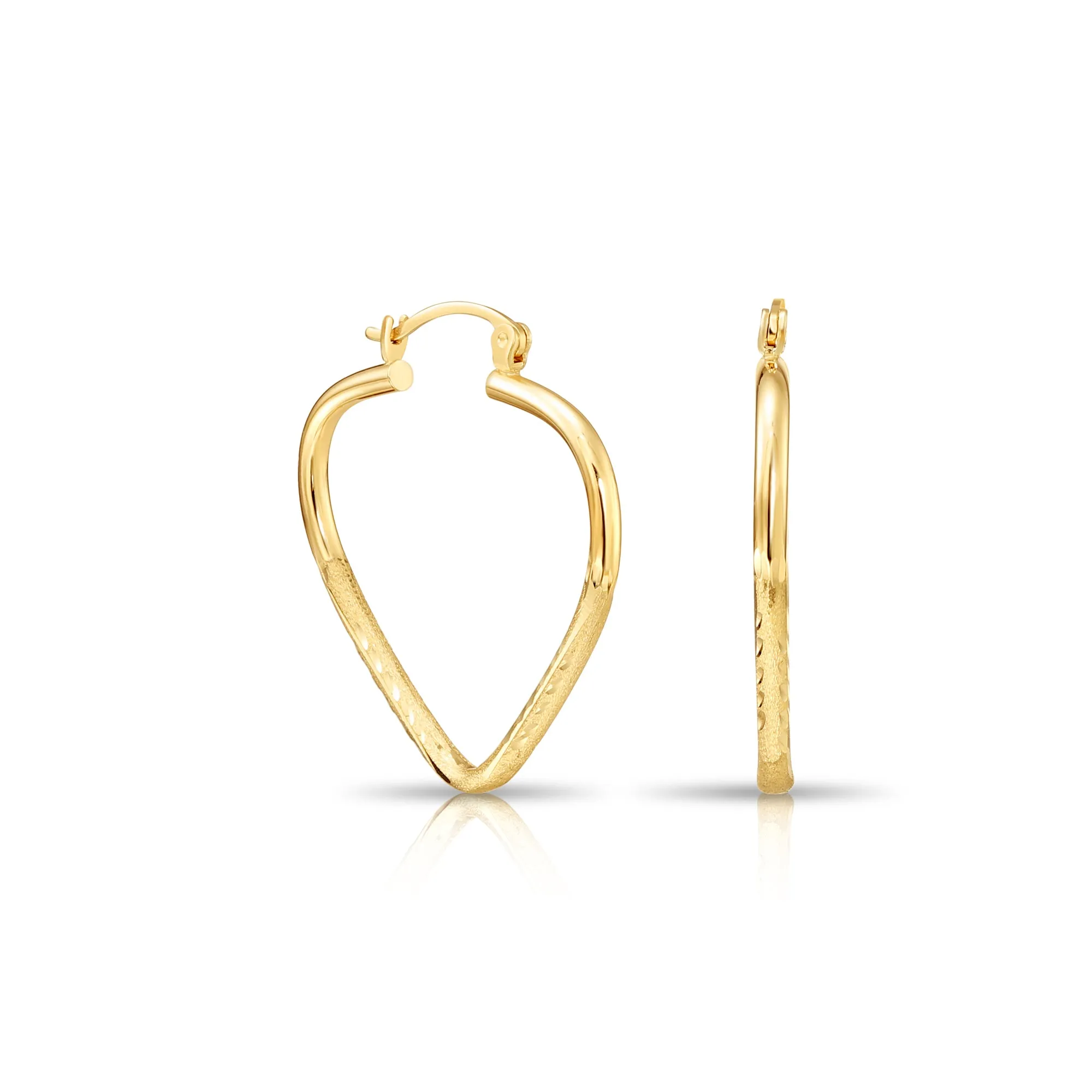 14k Yellow Gold Heart Hoop Earrings, Medium Hoops with Hand Engraved Floral Diamond-Cuts #22