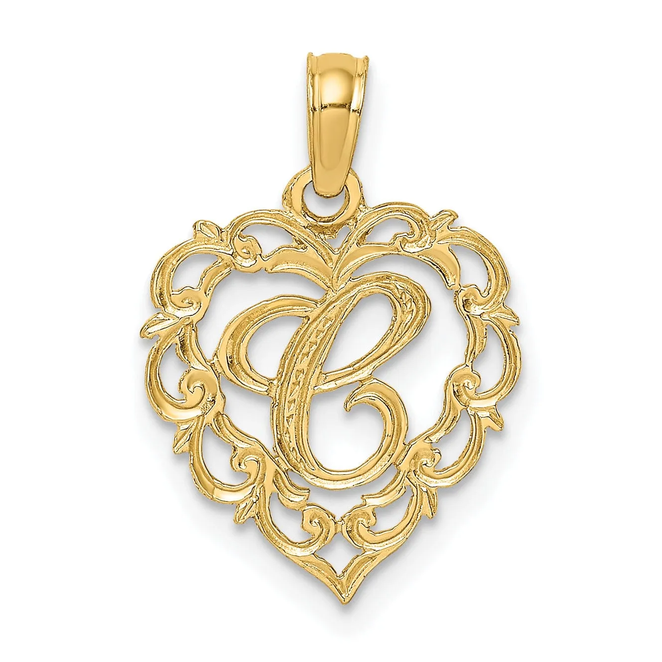 14K Yellow Gold Heart Shape Fancy Script Letter C Initial Charm Pendant