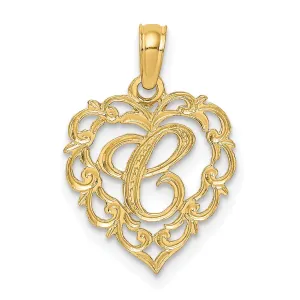 14K Yellow Gold Heart Shape Fancy Script Letter C Initial Charm Pendant