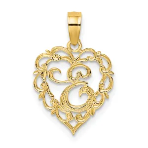 14K Yellow Gold Heart Shape Fancy Script Letter E Initial Charm Pendant