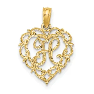 14K Yellow Gold Heart Shape Fancy Script Letter H Initial Charm Pendant