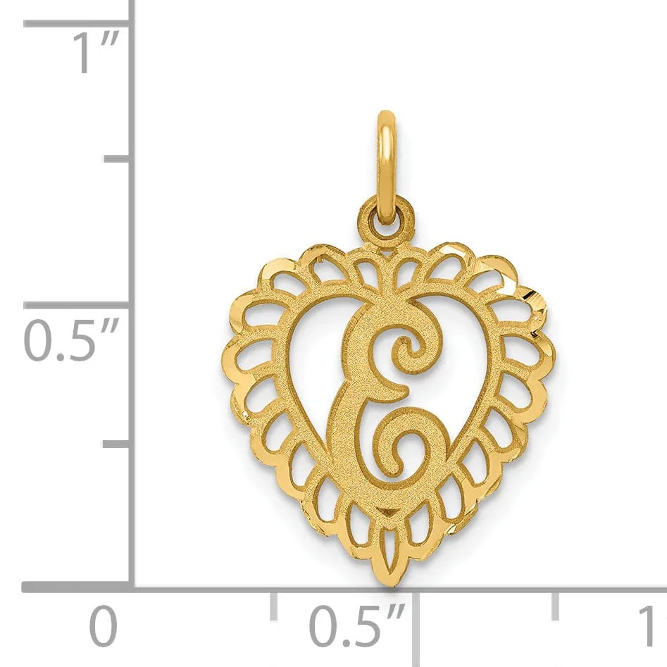 14k Yellow Gold Heart Shape Script Design Letter E Charm Pendant