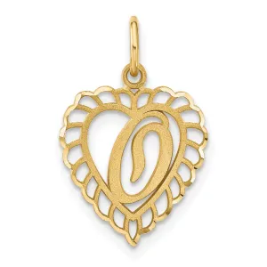 14k Yellow Gold Heart Shape Script Design Letter O Charm Pendant