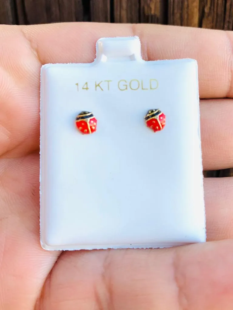 14k Yellow Gold Ladybug Baby Earrings, Children Screw Back Earrings with Enamel Baby Kids Earrings Gold Everyday Aretes para Ninas Oro Real