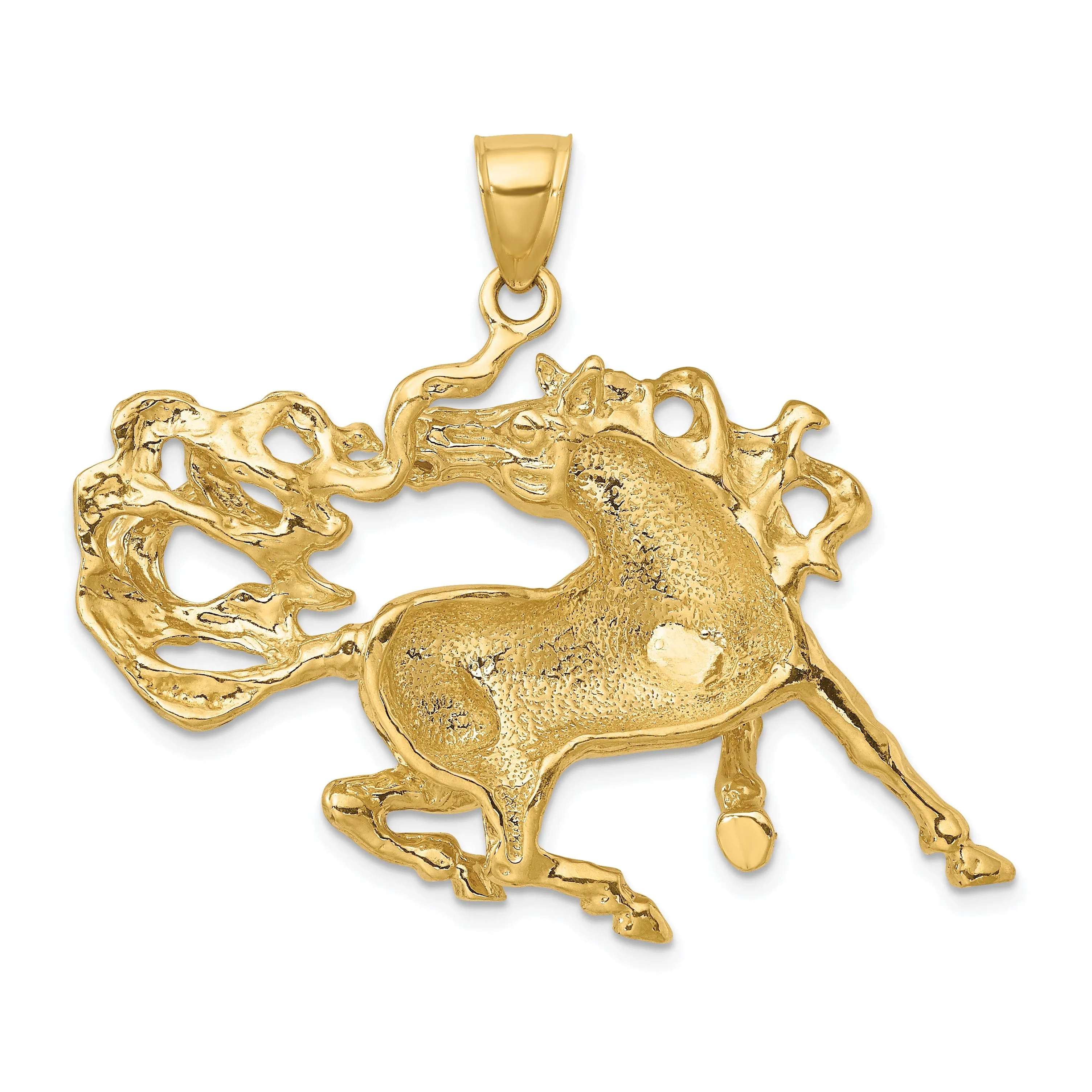 14K Yellow Gold Open Back Polished Textured Finish Dancing Horse Charm Pendant