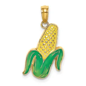 14K Yellow Gold Open Back Polished Yellow, Green Enamel Finish Corn with Peeled Husk Design Charm Pendant