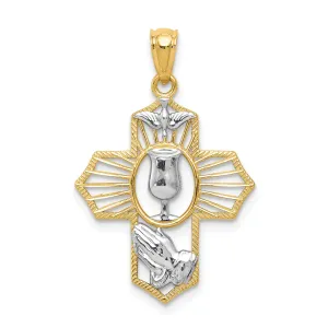 14k Yellow Gold Polished Cross with, Dove, Chalice Cup Medal Pendant