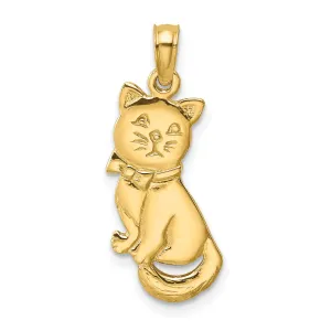 14k Yellow Gold Polished Finish 3-Dimensional Kitten Cat With Bow Sitting Design Charm Pendant