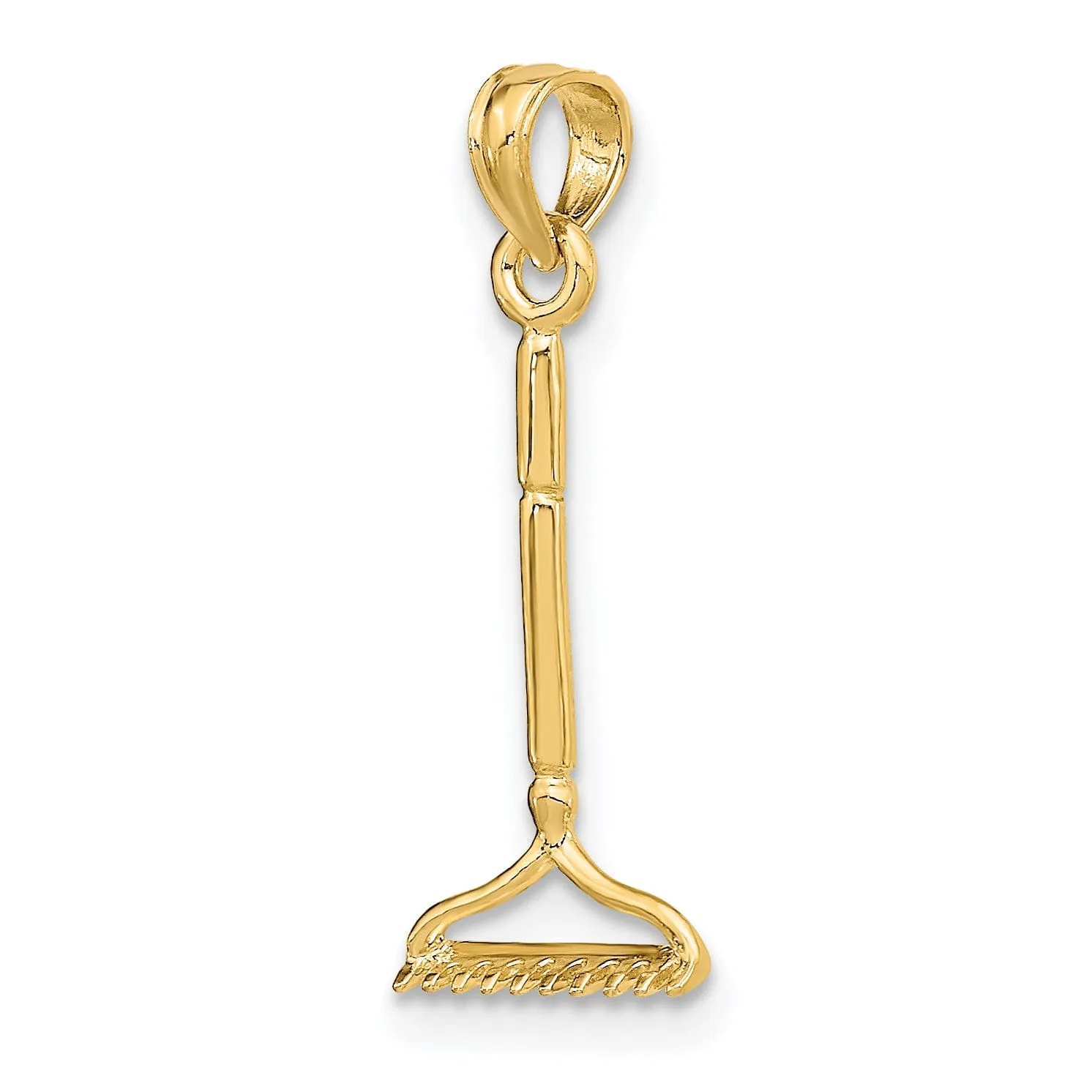 14K Yellow Gold Polished Finish 3-Dimensional Landscape Rake Garden Tool Charm Pendant