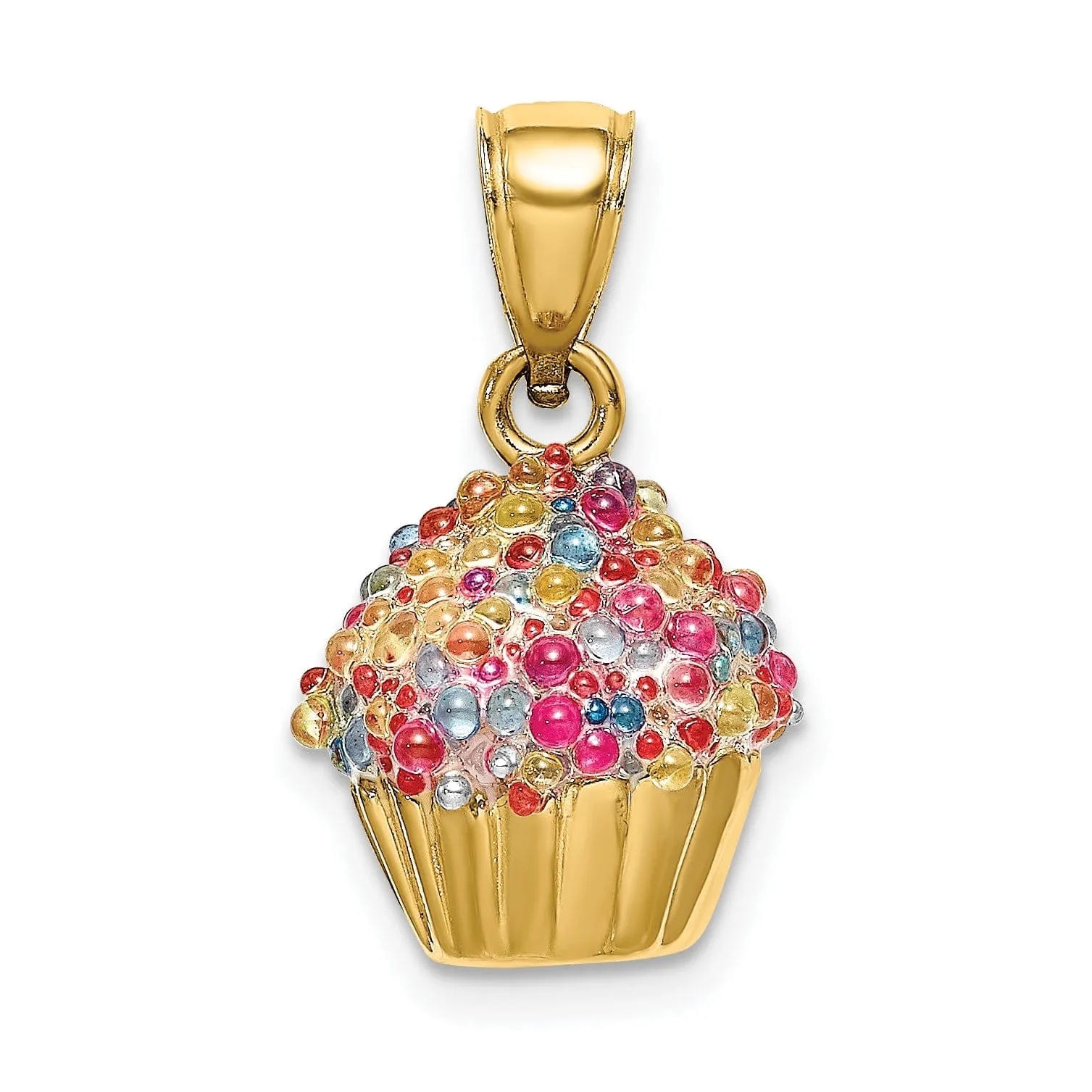 14K Yellow Gold Polished Finish 3-Dimensional Multi-Colored Bead Design Icing Cupcake Charm Pendant