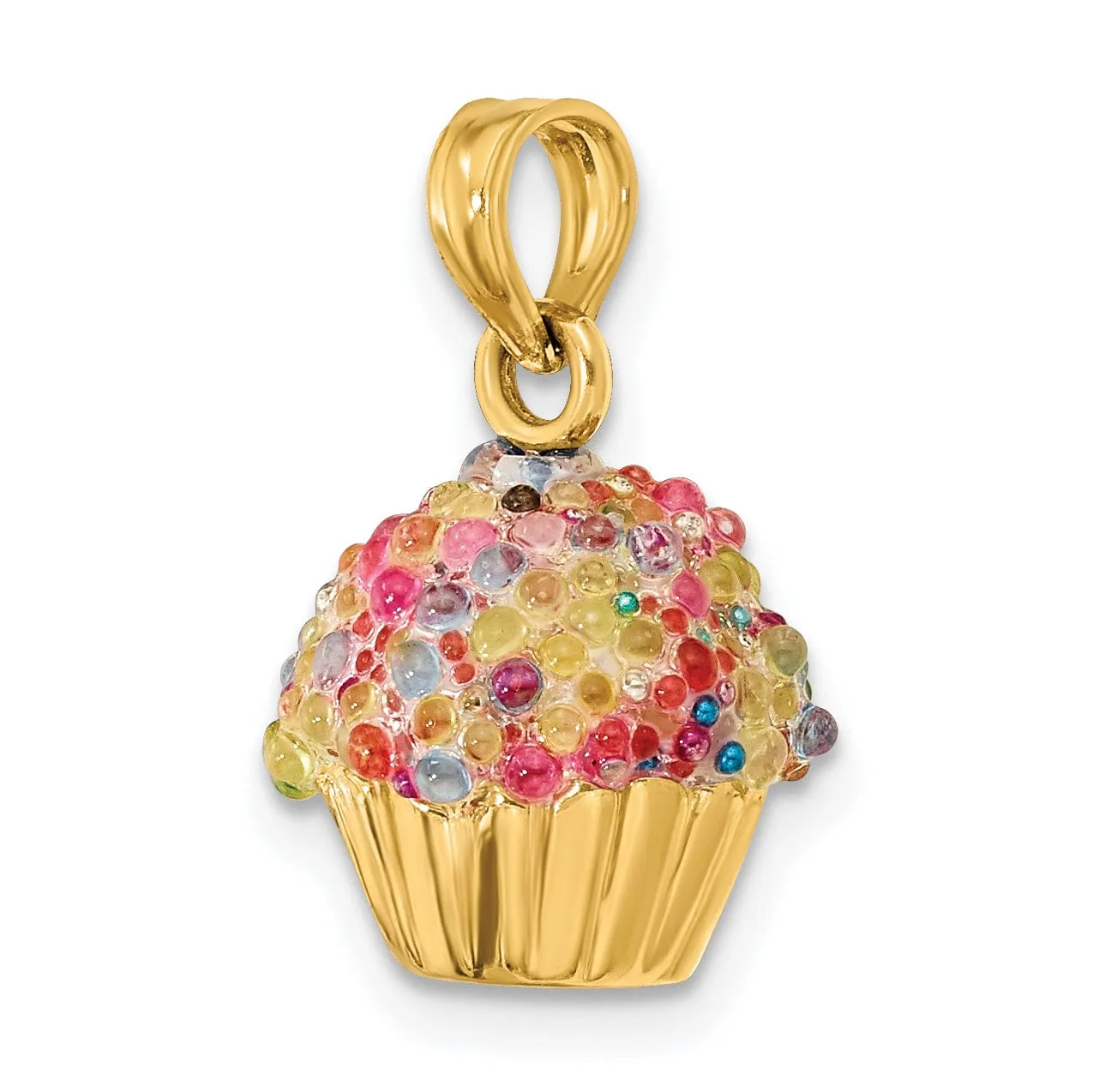 14K Yellow Gold Polished Finish 3-Dimensional Multi-Colored Bead Design Icing Cupcake Charm Pendant