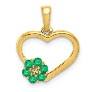 14k Yellow Gold Polished Finish Closed Back 0.003-CT Diamond & 0.155-CT Emerald Stones Heart and Flower Design Charm Pendant