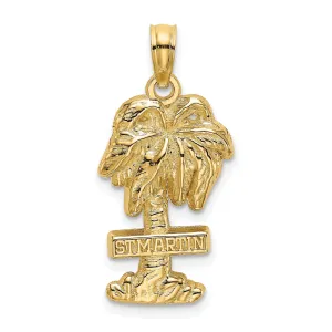 14K Yellow Gold Polished Finish Flat Back 2-Dimensional Saint MARTIN On Palm Tree Design Charm Pendant