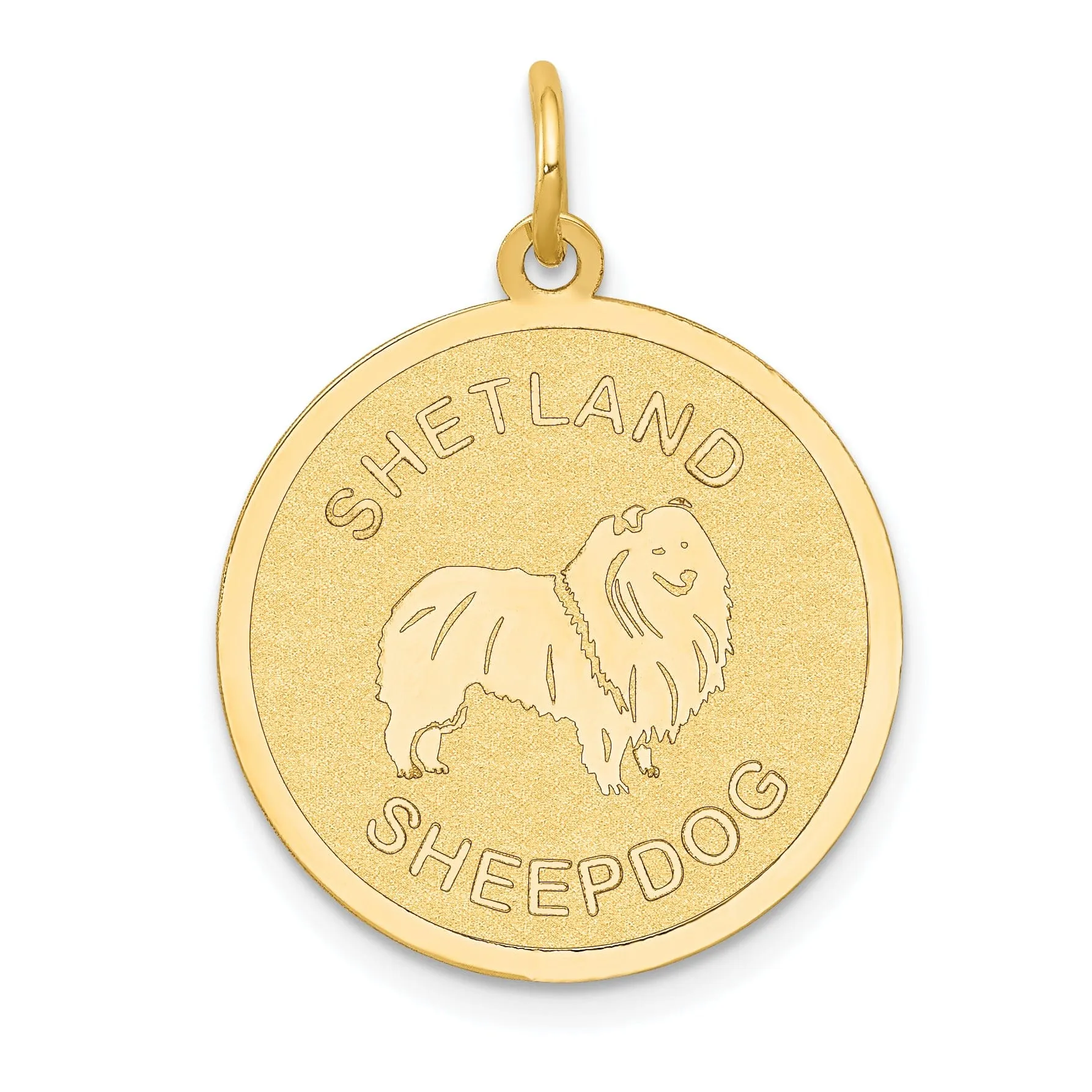 14k Yellow Gold Polished Finish Flat Back Shetland Sheep Dog Engravable Disc Round Shape Charm Pendant