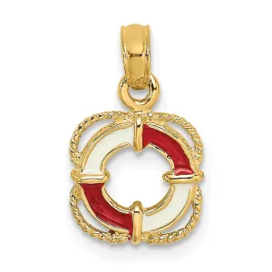 14K Yellow Gold Polished Finish Red White Enameled Lifesaver Float Charm