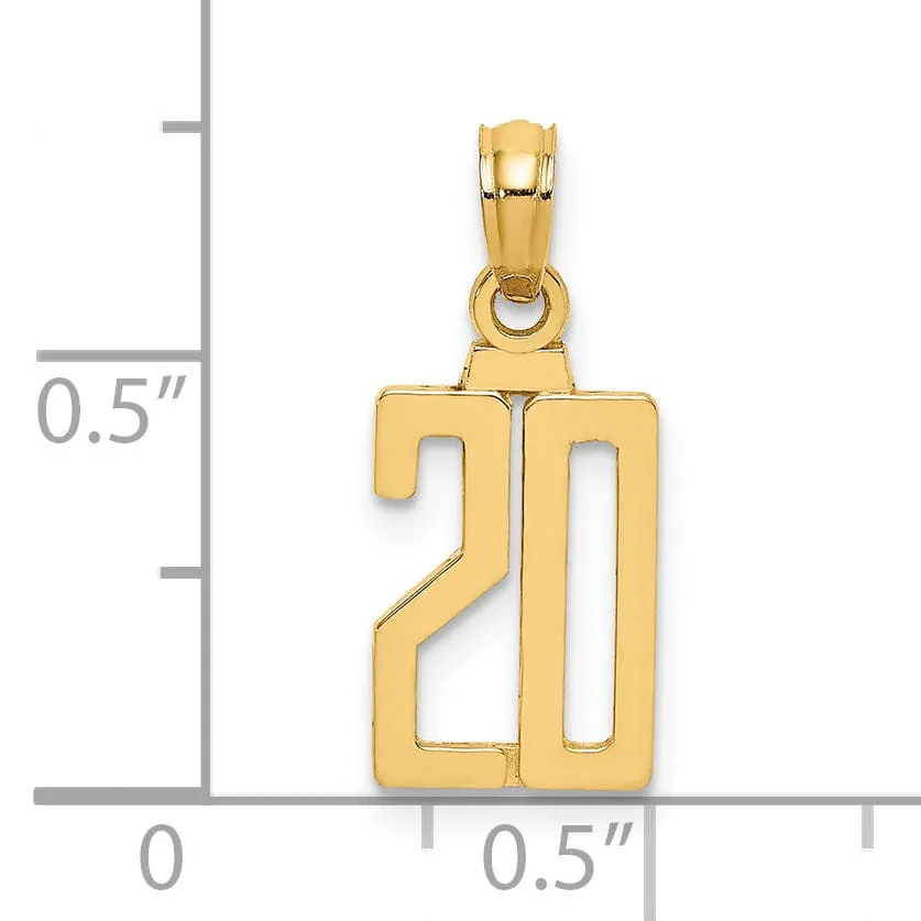 14K Yellow Gold Polished Finished Block Script Design Number 20 Charm Pendant