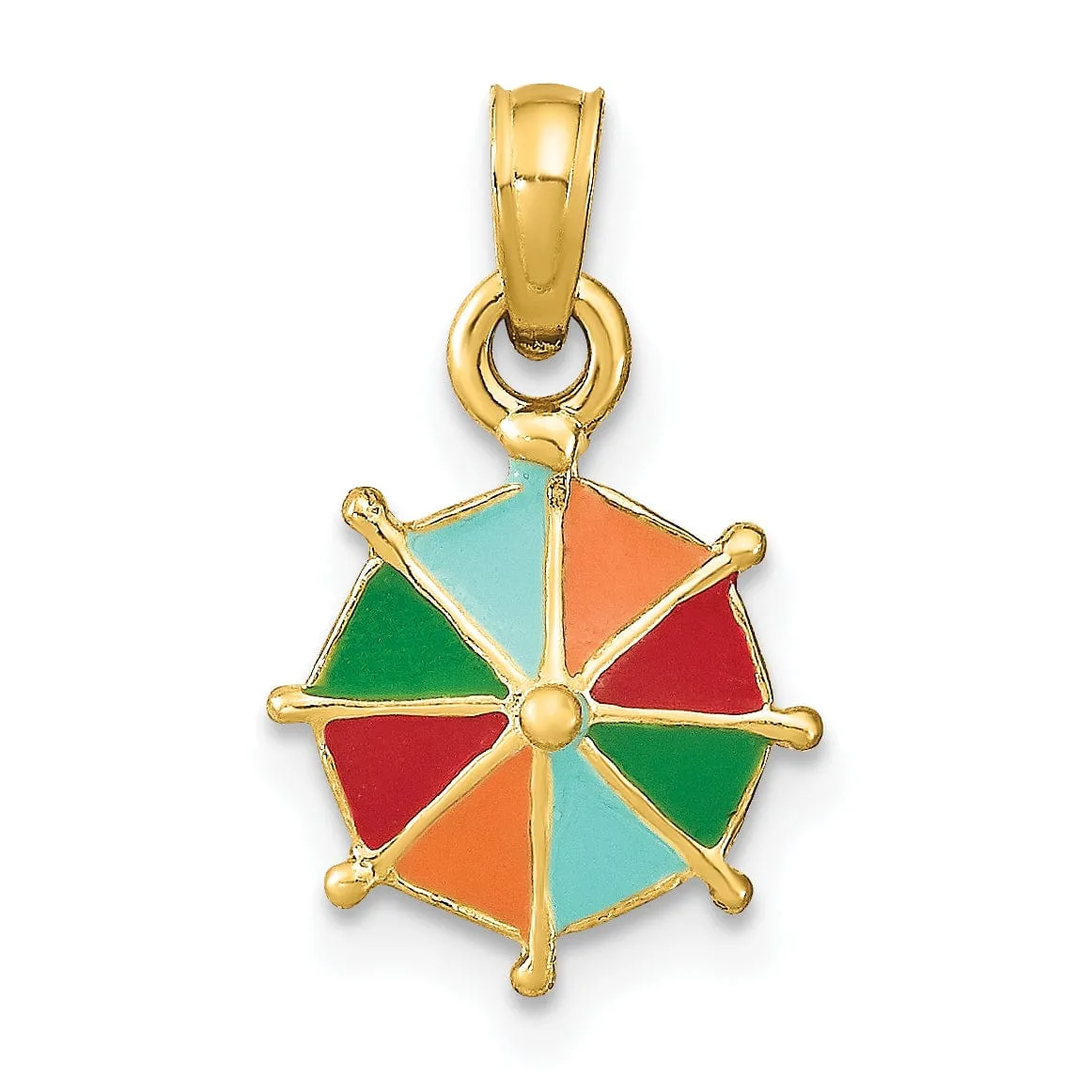 14K Yellow Gold Polished Multi-Color Enamel Finish Concave Shape 2-Dimensional Umbrella Charm Pendant