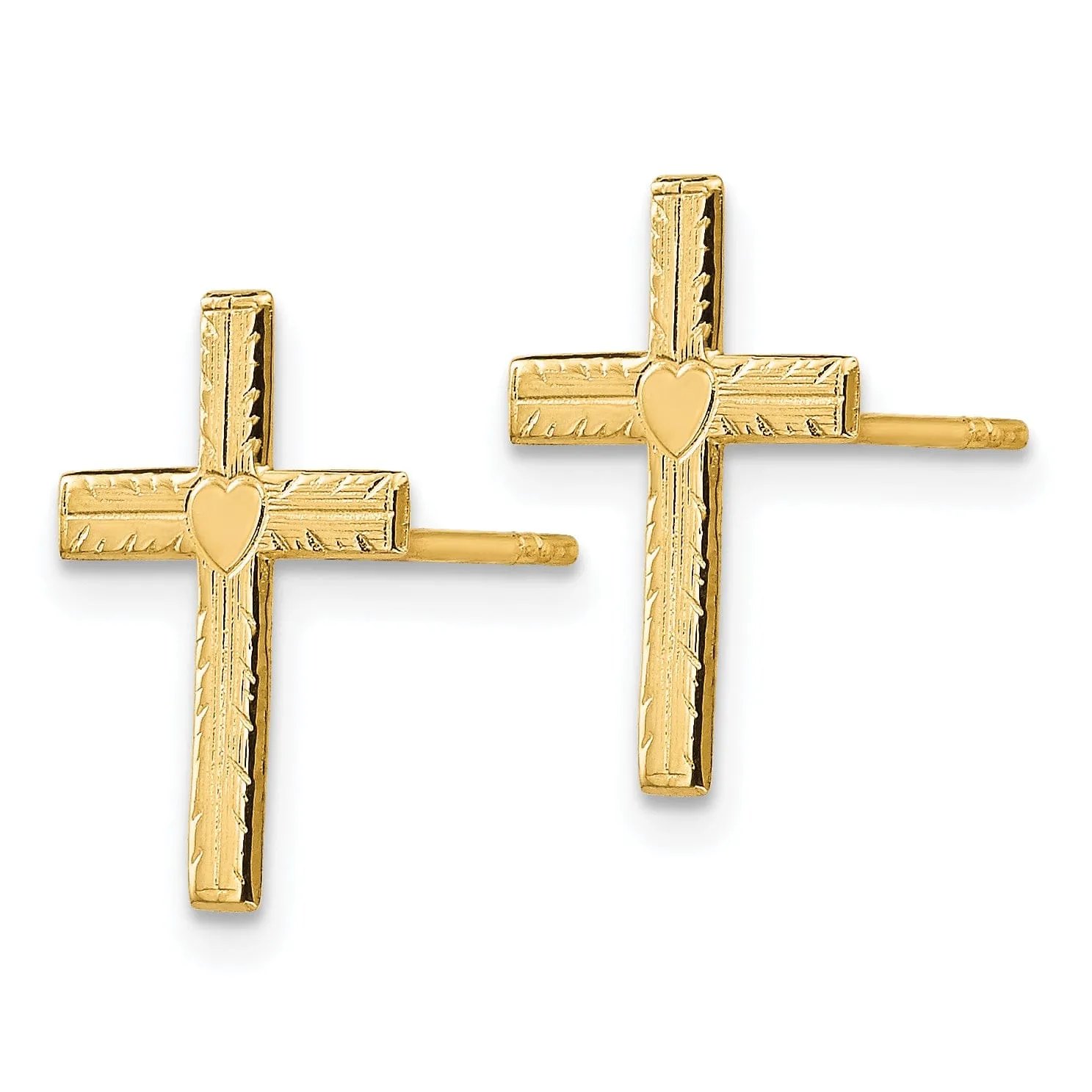 14k Yellow Gold Polished Satin Heart Cross Earrings