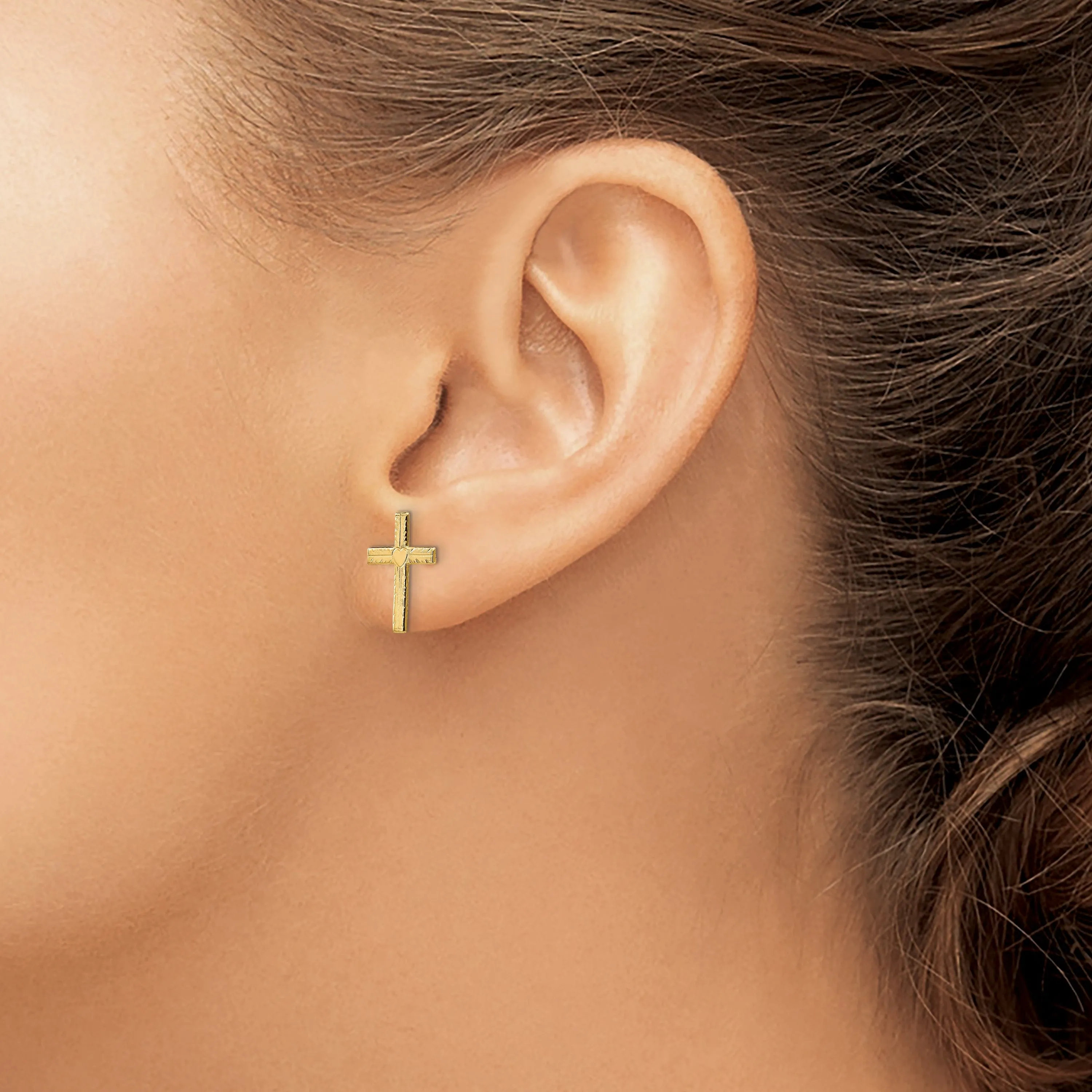 14k Yellow Gold Polished Satin Heart Cross Earrings