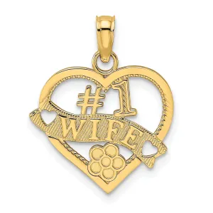 14k Yellow Gold Polished Textured Finish #1 WIFE in Heart Shape Design Charm Pendant