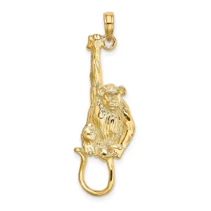 14K Yellow Gold Polished Textured Finish 2-Dimensional Hanging Monkey Design Charm Pendant