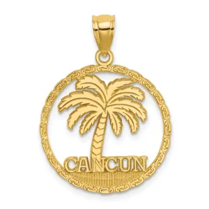 14K Yellow Gold Polished Textured Finish CANCUN Palm Tree in Circle Design Charm Pendant