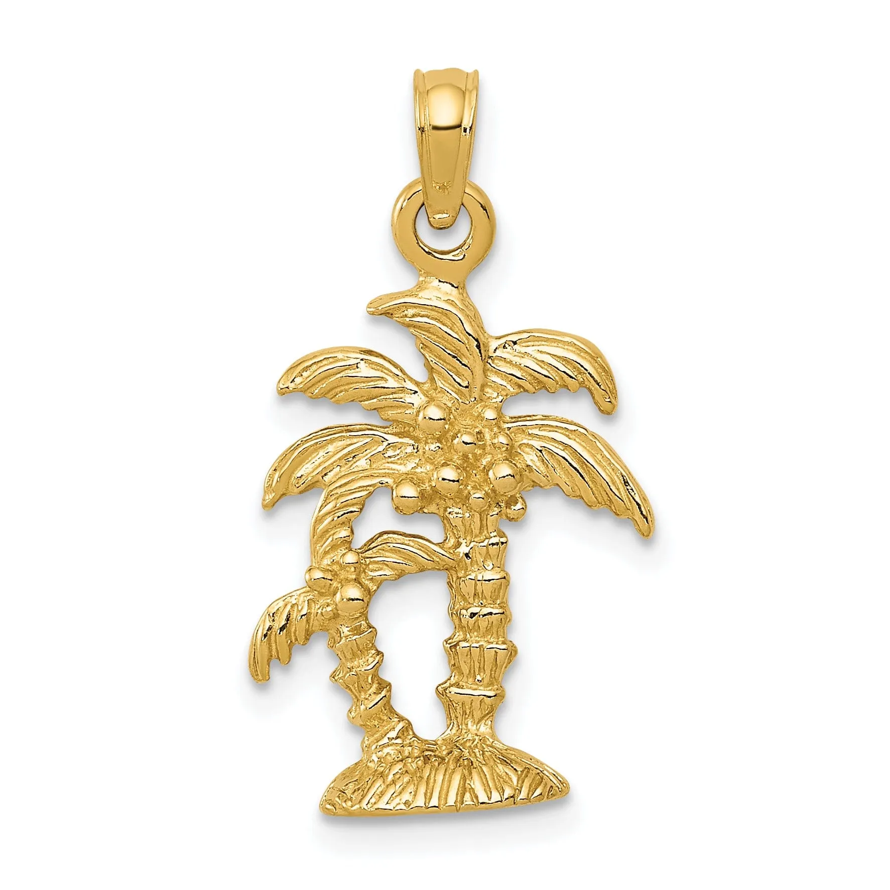 14K Yellow Gold Polished Textured Finish Soild Double Palm Trees Design Charm Pendant