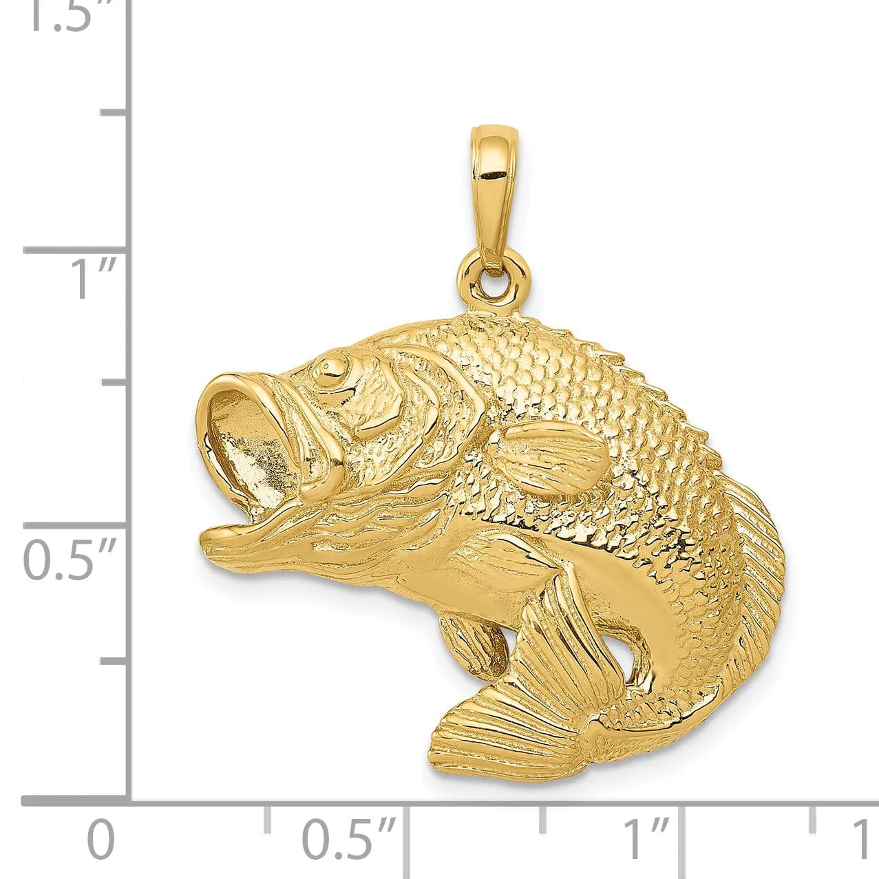 14k Yellow Gold Polished Textured Finish Solid Bass Fish Jumping Charm Pendant