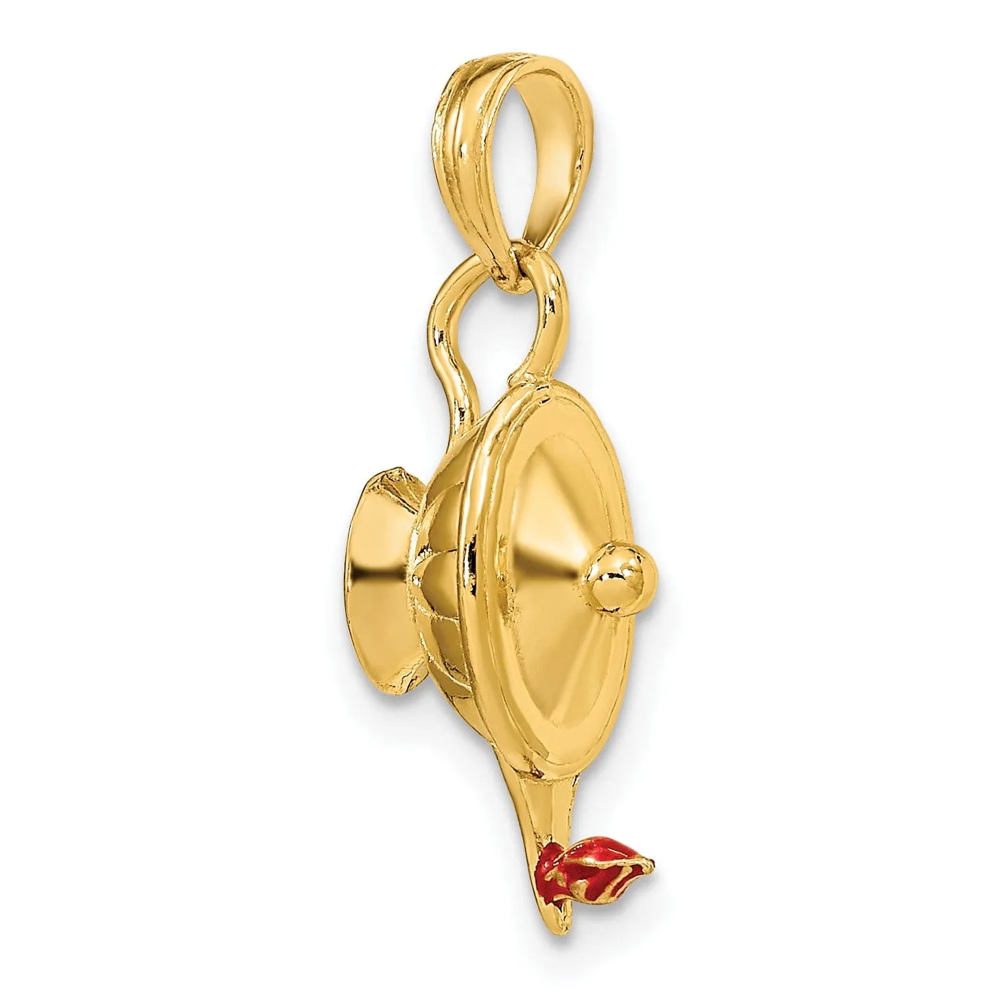 14K Yellow Gold Polished with Red Enamel Finish 3-Dimensional Genie Lamp Charm Pendant