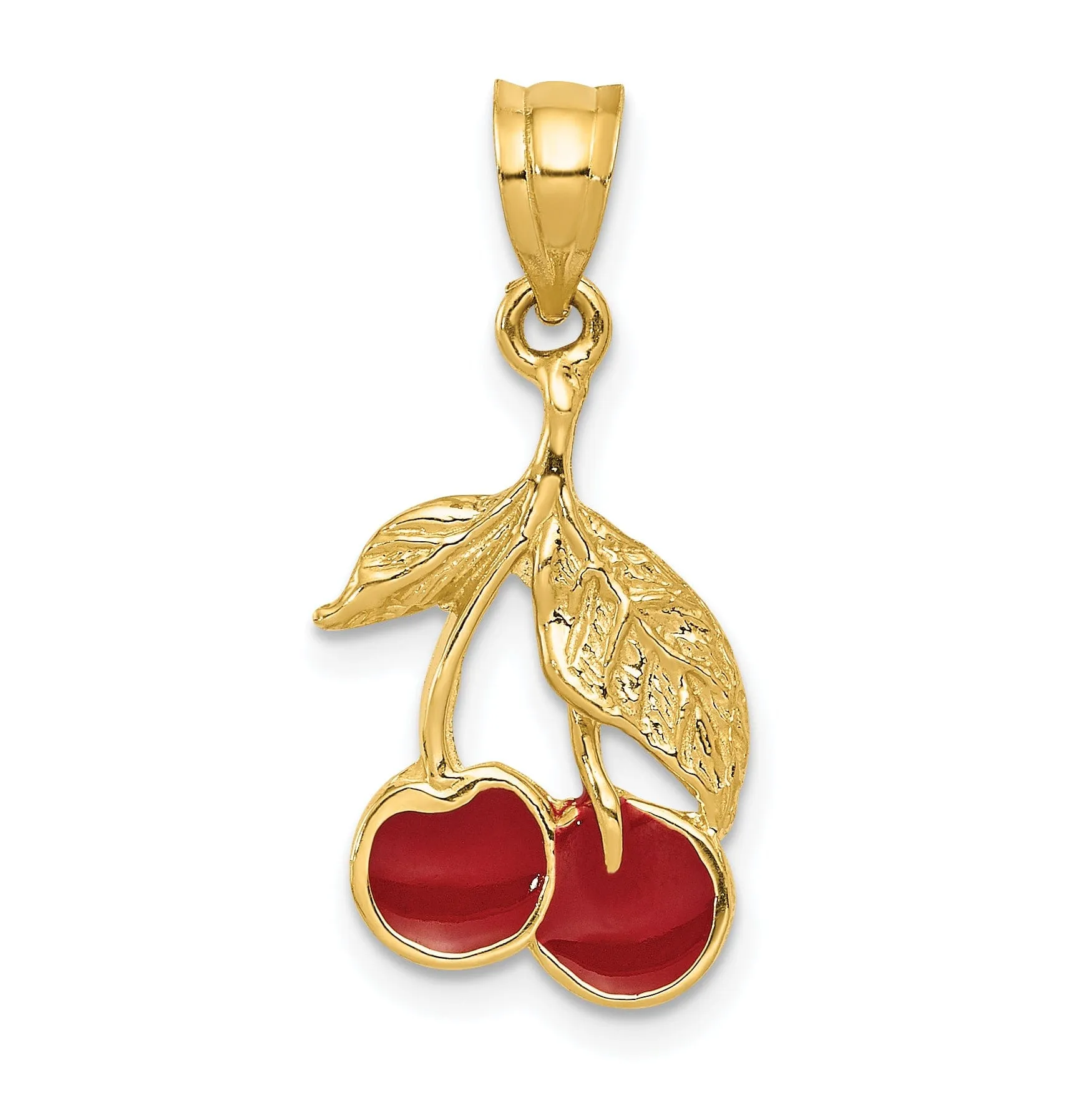 14k Yellow Gold Red Enameled Cherries Pendant