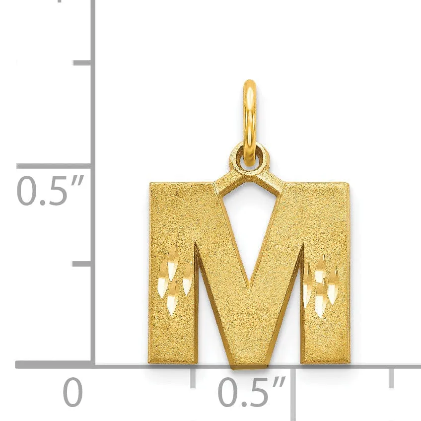 14k Yellow Gold Satin Diamond Cut Finish Letter M Initial Charm Pendant