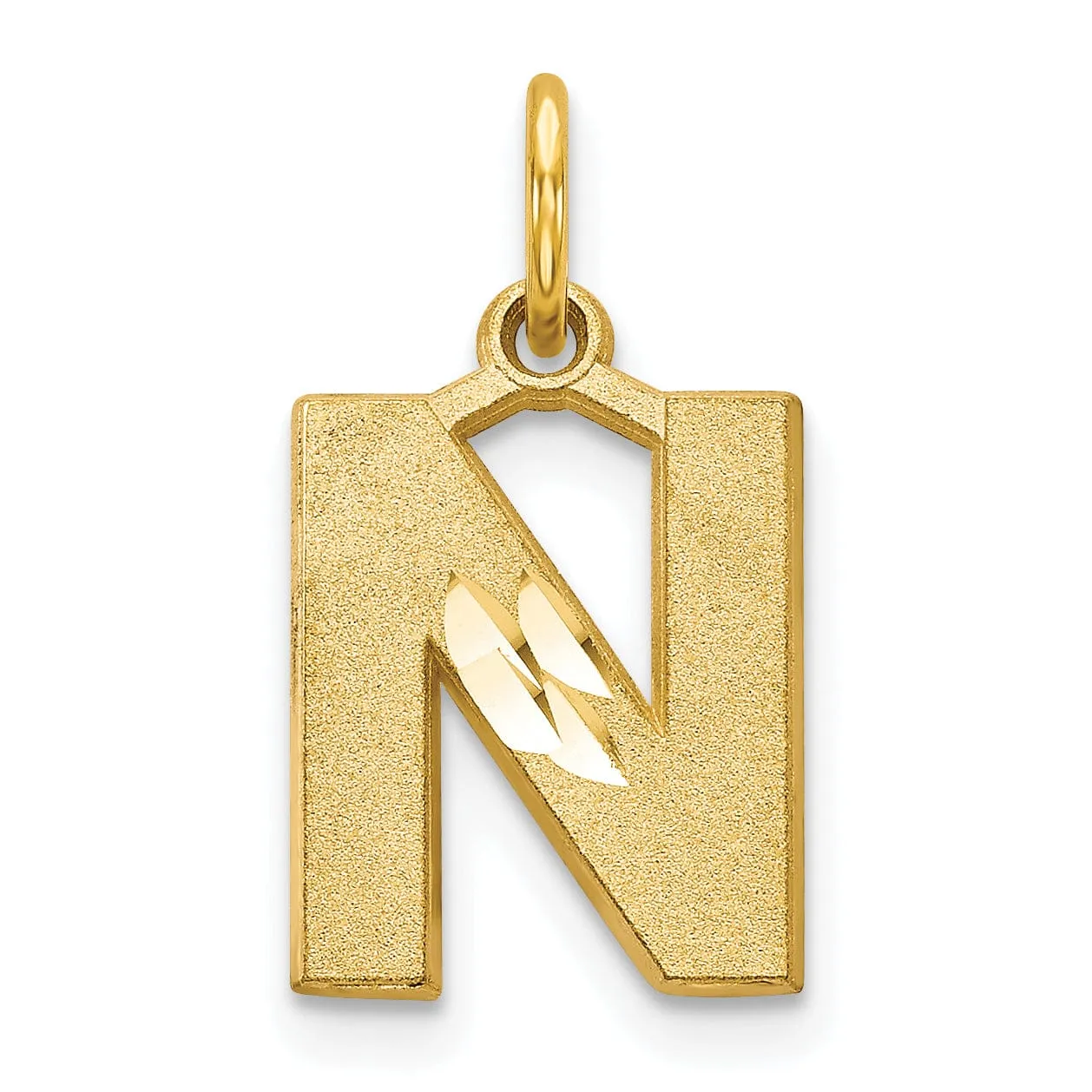 14k Yellow Gold Satin Diamond Cut Finish Letter N Initial Charm Pendant