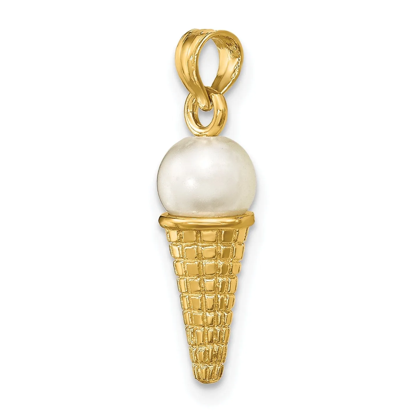 14K Yellow Gold Satin Polished Finish 3-D with White Bead Ice Cream Cone Charm