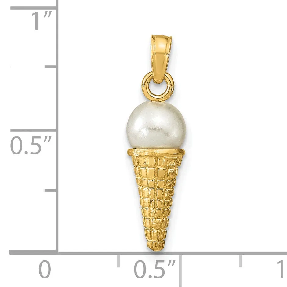 14K Yellow Gold Satin Polished Finish 3-D with White Bead Ice Cream Cone Charm