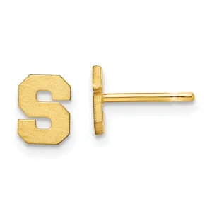 14K Yellow Gold Script Satin Brushed Finish Letter S Initial Earrings