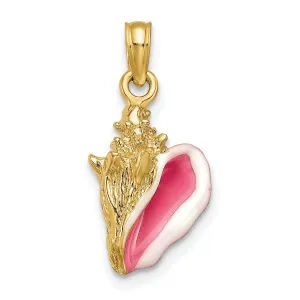 14K Yellow Gold Solid 3-Dimensional Pink White Enameled Texture Polished Finish Mens Conch Shell Charm Pendant