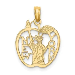 14k Yellow Gold Solid Polished Textured Finish NEW YORK with Statue of Liberty in Apple Cut Out Design Charm Pendant