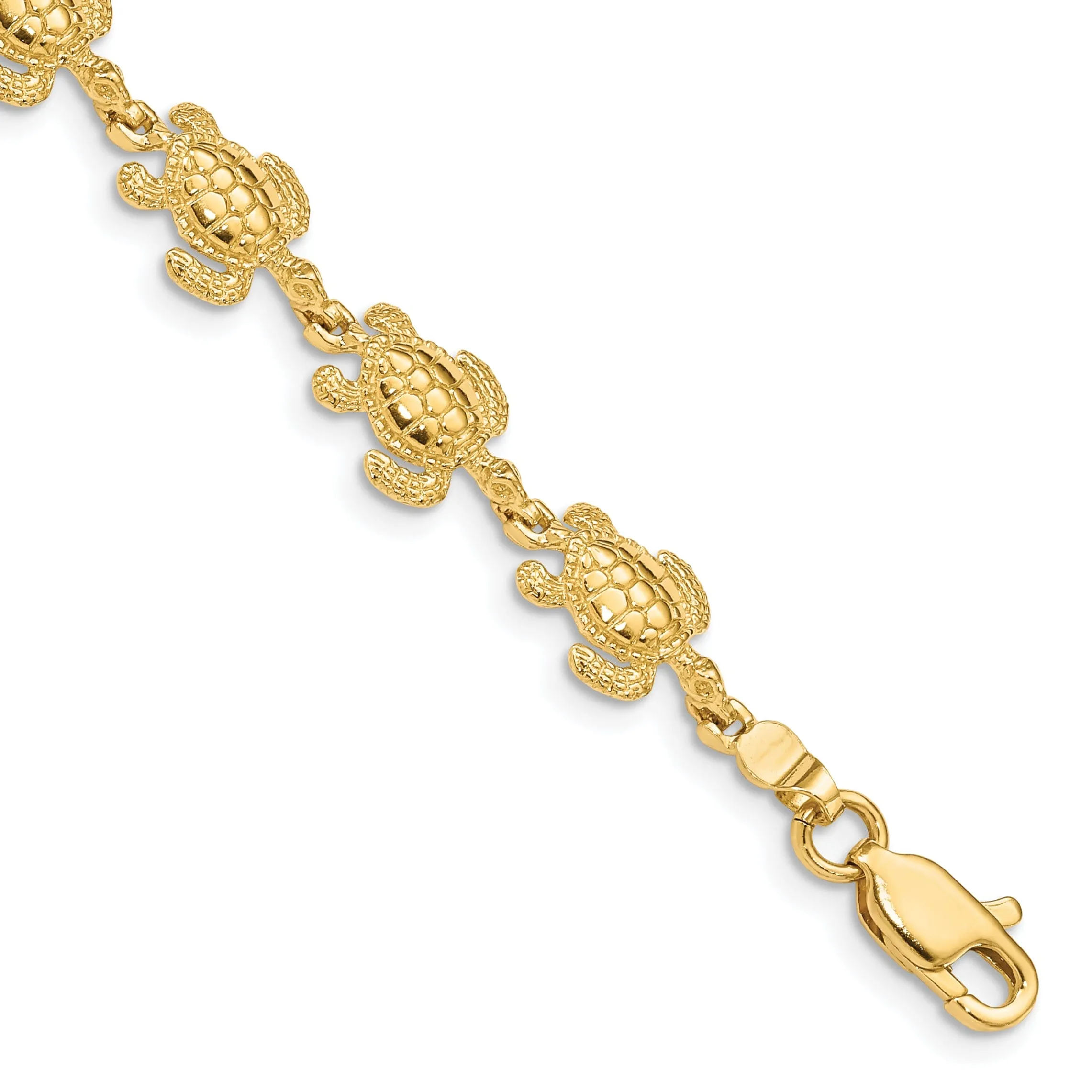 14k Yellow Gold Solid Sea Turtle Bracelet. Polished finish, 8mm width, 7.25" length