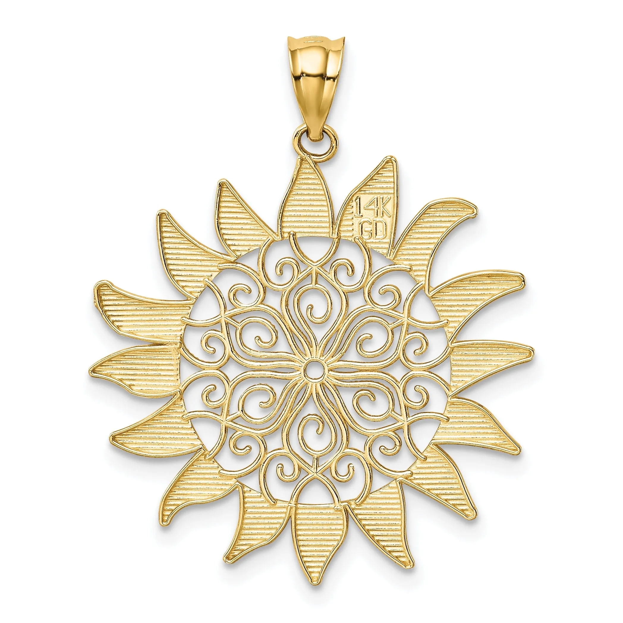 14k Yellow Gold Solid Texture Polished Finish Filigree Design Sun Charm Pendant